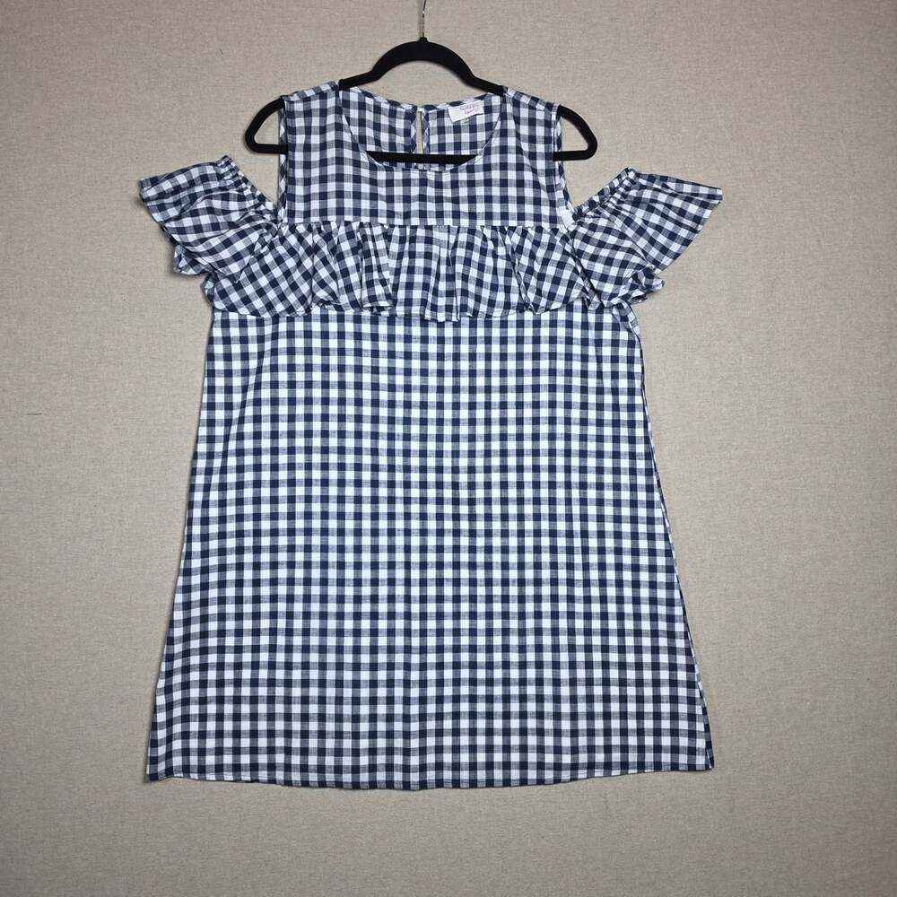 Fantastic Fawn Cold Shoulder Ruffle Mini Dress Womens Size XL Blue Gingham Lined - Picture 1 of 9